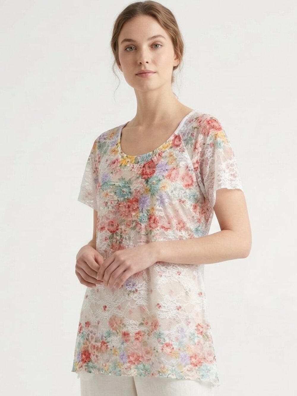 Btittany Black Blouse White Pink Floral Lace Sheer Whimsical Fairy XL